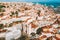 Aerial view of the Funchal old town - the capital of Madeira island during cloudy weather.