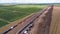 Aerial view of gas and oil pipeline construction. Pipes welded together. Big pipeline is under construction