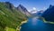 Aerial view on Geiranger fjord in More og Romsdal county in Norway famous for his beautiful boattrip through the fjord