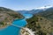 Aerial view of General Carrera bridge, Bertrand Lake and General Carrera Lake - Chile Chico, AysÃ©n, Chile