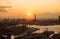 Aerial view of Genoa, Italy at sunset, the harbor with the Lanterna, the lighthouse,  symbol of