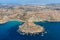 Aerial view of Ghajn Tuffieha bay beach. Mellieha Il-Mellieha, Northern Region, Malta island. Malta from above.