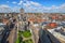 Aerial view of Ghent from Belfry. Saint Nicholas` Church and beautiful medieval buildings. Spring landscape photo.