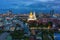 Aerial view of the Giant Golden Buddha in Wat Paknam Phasi Charoen Temple in Phasi Charoen district on Chao Phraya River at night