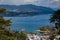 Aerial view of giant red torii of Itsukushima Shrine on Miyajima, Japan