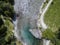 Aerial view of the giant rock called the Bidet della Contessa in the Val di Mello, a green valley. Sondrio. Italy