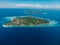 Aerial view with Gili islands and ocean, drone shot. Gili Air, Meno and Trawangan