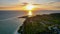 Aerial view of Gili Trawangan Island, Indonesia with morning sunrise sunlight. Lombok, Indonesia, October 21, 2021