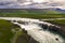 Aerial view of the Godafoss waterfall in Iceland with viewing area for tourists