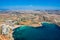 Aerial view of Golden bay beach, Ghajn Tuffieha bay. Mellieha, Northern Region, Malta island. Malta from above.