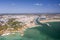 Aerial view of golden coast cliffs of portuguese southern beaches in Lagos City, Algarve, Portugal