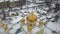 Aerial view of the golden dome of the church, close-up, in the Ukrainian town of Emilcheno