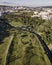 Aerial view of the golf court with a small lake in the field, view of the country sport club in Cruz Quebrada-Dafundo, Lisbon,