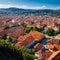 Aerial view of Gologorica old town, located on the top of a hill. Typical landscape of Central Istria,