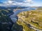 Aerial view of Gordon Dam and lake at sunset. Southwest, Tasmania