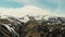 Aerial view of the gorge and mountains, Elbrus region. You can see the high peaks of the Caucasus Mountains covered with