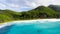 Aerial view of Grande Anse in La Digue at sunrise, Seychelles