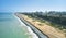 Aerial view of the Great Bay of Lima, cliff and the Costa Verde high way.