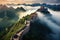 Aerial View of the Great Wall of China, Majestic, Historic, and Iconic Landmark, The Great Wall of China in the mist, lying long,