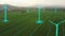 Aerial view of green corn field landscape in countryside with motion graphic wind turbines, concept of generating green energy,