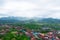 Aerial view of green fields green rice and village in Bali, Indonesia