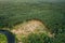 Aerial View Green Forest Deforestation Area Landscape. Top View Of Beautiful European Nature From High Attitude In