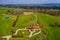 Aerial view of the green golf course. Target at driving Range