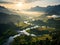 Aerial view of green land field and river with foggy mornings. Greenery view in the morning with sunrise