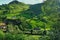 Aerial view of the green lands of Valles Pasiegos, Picos de Europa, Cantabria