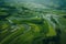 Aerial view of green paddy rice terraces generative ai