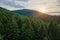 Aerial view of green pine forest with dark spruce trees covering mountain hills at sunset. Nothern woodland scenery from