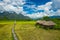 Aerial view of green rice fields and mountains, paddy field at Vang Vieng , Laos. Southeast Asia. Photo made by drone from above.