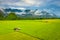 Aerial view of green rice fields and mountains, paddy field at Vang Vieng , Laos. Southeast Asia. Photo made by drone from above.