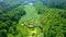 Aerial view of green swamps with algae on river