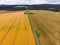 Aerial view of green and yellow harvest fields with tractor and beautiful road. Czech Republic mast of mobile communication. land
