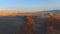 Aerial view of a grove of trees, farms, fields with a city and snowcapped mountains in the distance