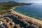 Aerial view on Gulf of Saint-Tropez, sail boats, houses of Port Grimaud and Port Cogolin, summer vacation in Provence, France