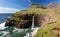 Aerial view of the GÃ¡sadalur waterfall in Faroe Islands