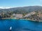 Aerial view of Hamilton Cove with apartment condo building on the cliff, Santa Catalina Island. USA