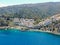 Aerial view of Hamilton Cove with apartment condo building on the cliff, Santa Catalina Island. USA