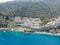 Aerial view of Hamilton Cove with apartment condo building on the cliff, Santa Catalina Island. USA