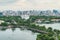 Aerial view of Hanoi skyline at West Lake or Ho Tay. Hanoi cityscape at twilight