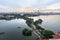 Aerial view of Hanoi skyline at West Lake or Ho Tay. Hanoi cityscape at twilight