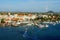 Aerial view of the harbor, boats and buildings along the ports near Oranjestad, Aruba