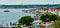 Aerial view of the harbor with a ferry and the old town of TravemÃ¼nde with historical buildings