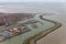 Aerial view harbor Harlingen, Dutch village at Wadden Sea