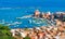 Aerial view of harbor and historic part of Castellammare del Golfo, Sicily island, Italy