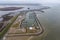 Aerial view harbor Lauwersoog at Dutch coast Wadden Sea