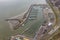 Aerial view harbor Lauwersoog at Dutch coast Wadden Sea