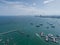 Aerial View on Harbor with Luxury Yachts - Sailboat harbor, many beautiful moored sail yachts in the sea port WITH blue sky clouds